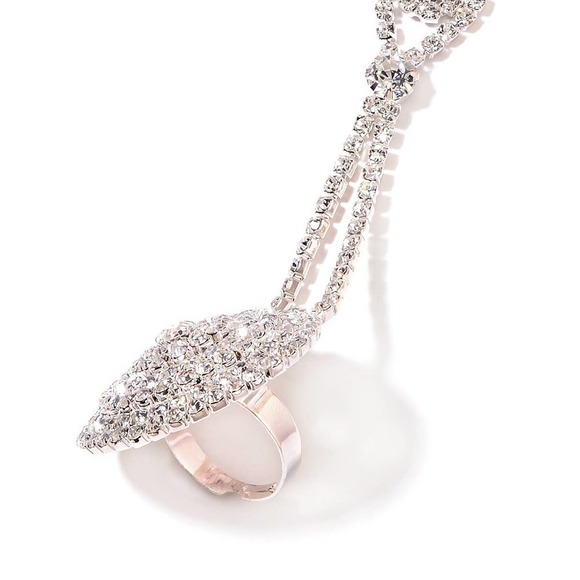 Rhinestone White Austrian Crystal Bracelet (6.00 In) attached Ring Size 6 Cuff - Picture 8 of 10